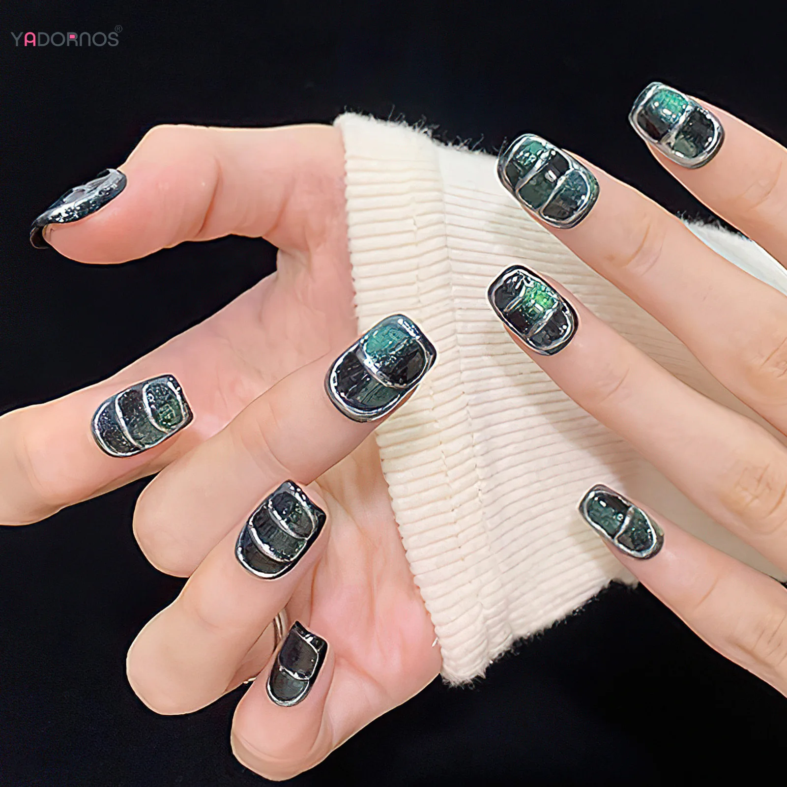 Uñas postizas de Metal pesado, manicura de longitud media, azul y negro, hechas a mano, moda Punk