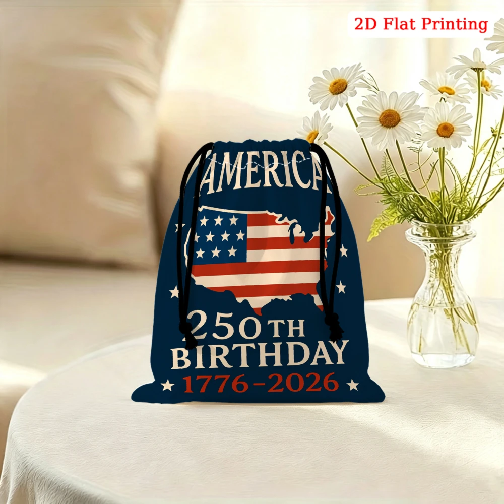 1Pc Patriotic America 250Th Birthday Drawstring Bag Blue USA Map Flag Print Storage Small Pouch Travel Organizer For Adults Port