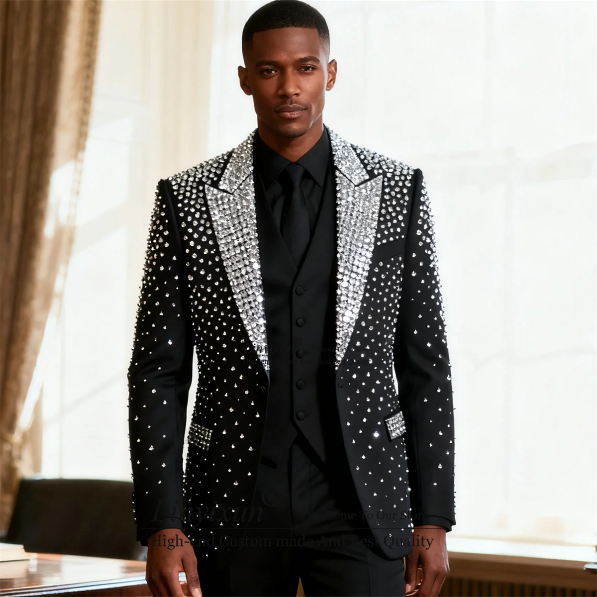 

Sparkly Crystals Rhinestones Men Suits 3 Pieces Sets Groom Male Blazers Formal Slim Fit Ropa hombre Customized Wedding Tuxedos