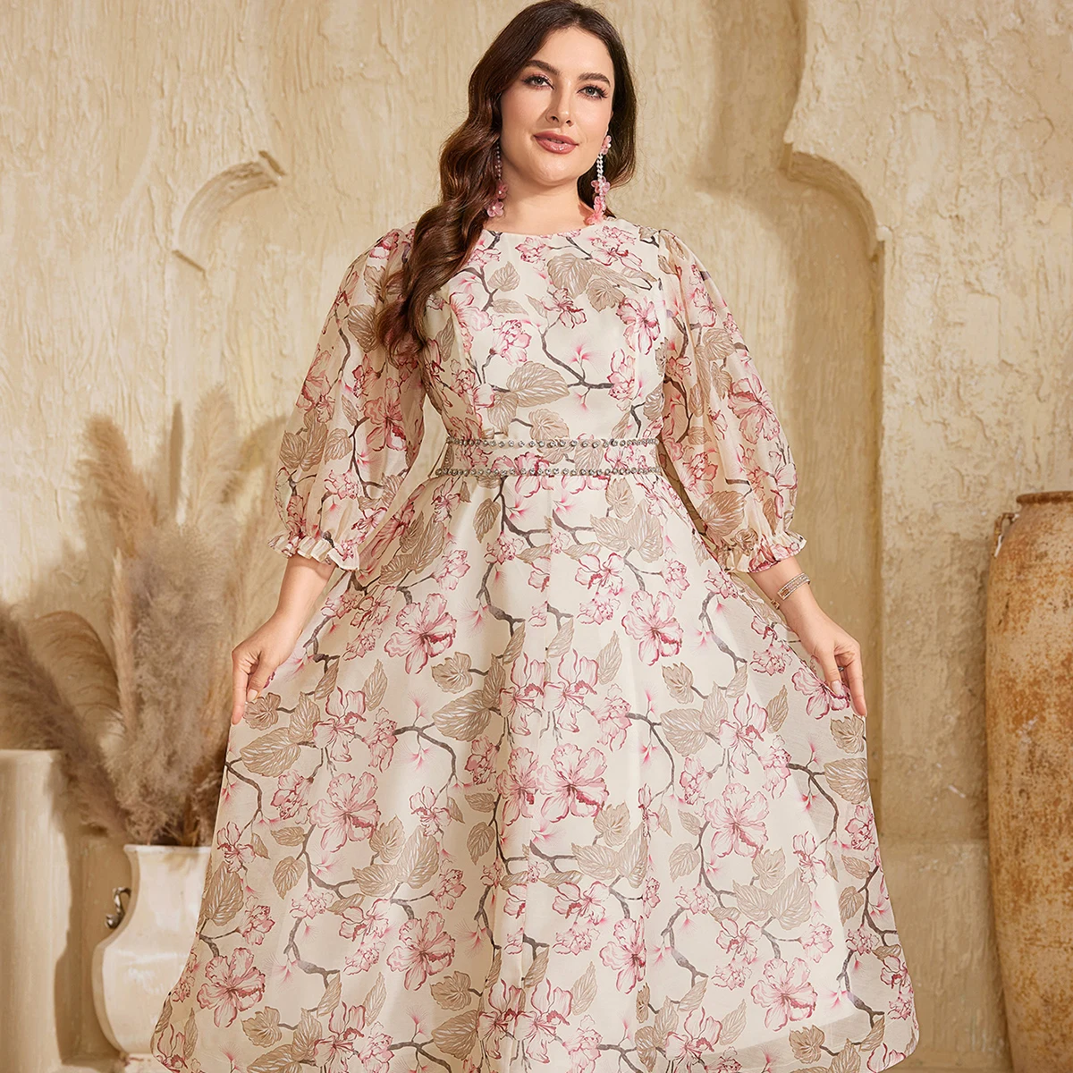 

UNITHORSE Шелковое шифоновое платье с круглым вырезом и рукавами-фонариками с цветочным принтом и завязкой из бисера на талии Элегантное платье длиной до пола