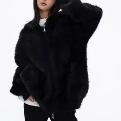 Autumn Winter Faux Fur Jackets for Women Short Full Sleeve Hooded Coats Slim Spliced Thick Coat Fashion Loose Open Stitch Jacket