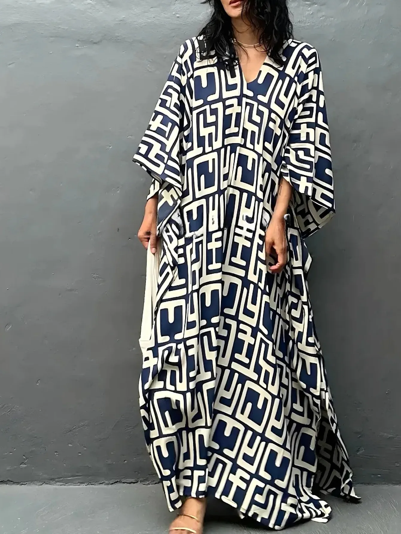 

Платья-кафтаны для женщин с геометрическим принтом, пляжные накидки больших размеров для купальников с v-образным вырезом, летние праздничные наряды, дропшиппинг