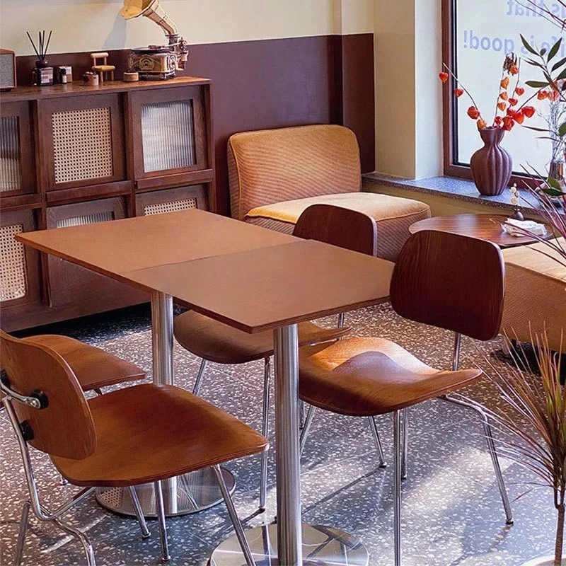 Meja kafe, meja bundar kayu walnut, meja stainless steel