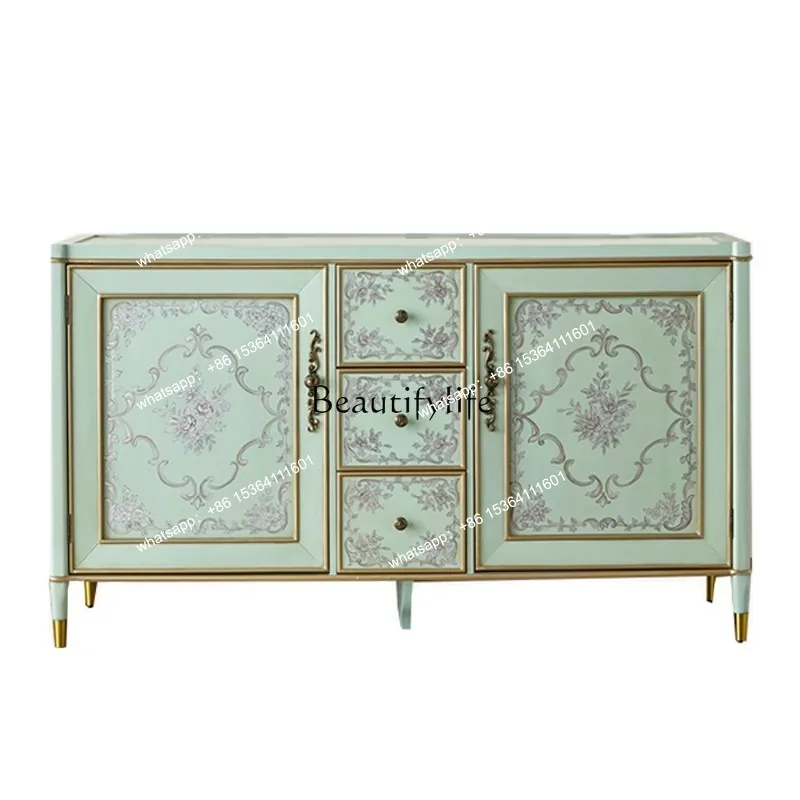

French European pastoral decorative cabinet retro two-door three-bucket storage American porch painted art dining side cabinet