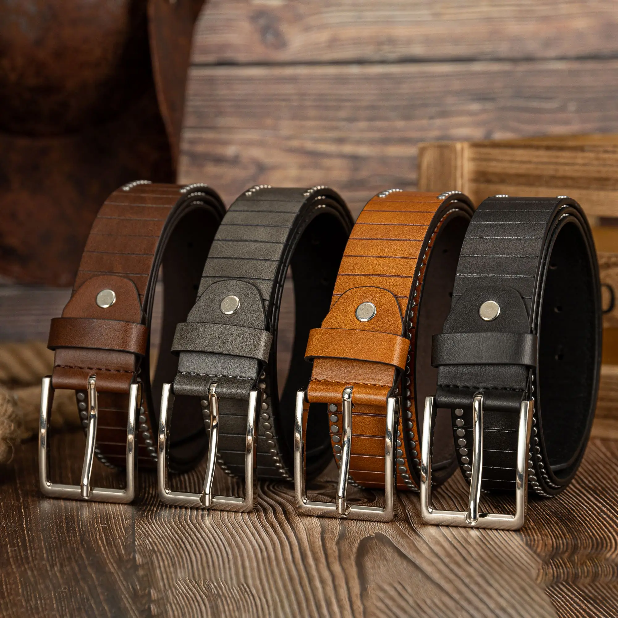 Pin buckle simple line PU embossed rivet belt