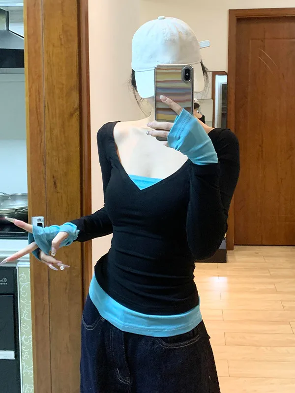 

Slim Fit Long Sve T-irt Women's Winter Faion Design Color Blo Pure Desire Sle Versatile Slimming Top