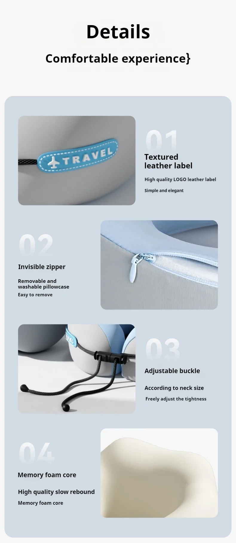 U-förmige Nackenkissen aus Memory-Schaum, weiches Reisekissen, Massage-Nackenkissen, Schlafkissen für Flugzeuge, Nackenstützkissen für die Gesundheitspflege, Bettwäsche – Detail 7