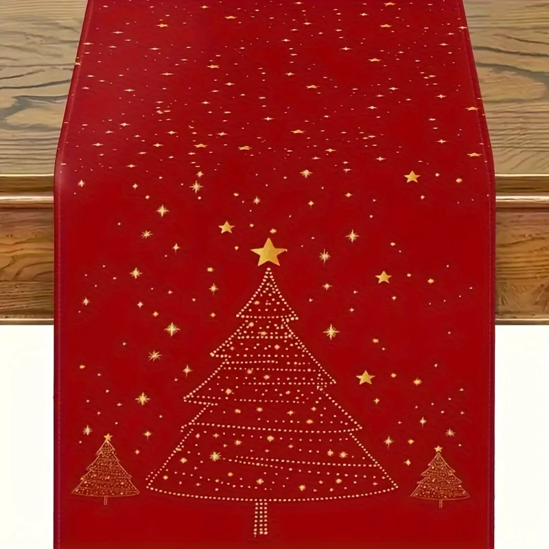 Roter goldener burgunderfarbener Weihnachts-Tischläufer |   Weißer Baum, goldene Sterne, Urlaub, Hochzeit, Neujahr, Dekoration
