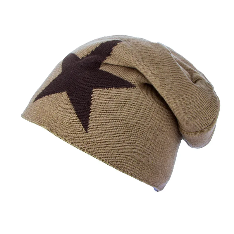 Korean-style trendy knitted wool hat, winter fleece-lined warm large five-pointed star pullover hat for men, outdoor hatWM049