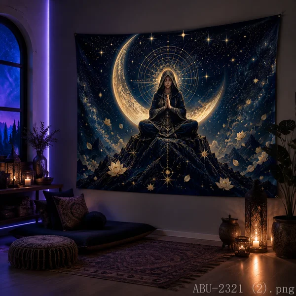 VIKAMA All Seeing Eye Meditation Man Tapestry Lotus Crescent Moon Sacred Geometry Wall Hanging Spiritual Yoga Studio Decor