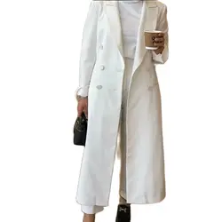 Versatile White Long Women Long Jacket Fashion Double Breasted Female Daily Coat Formal Ankle Length Dress