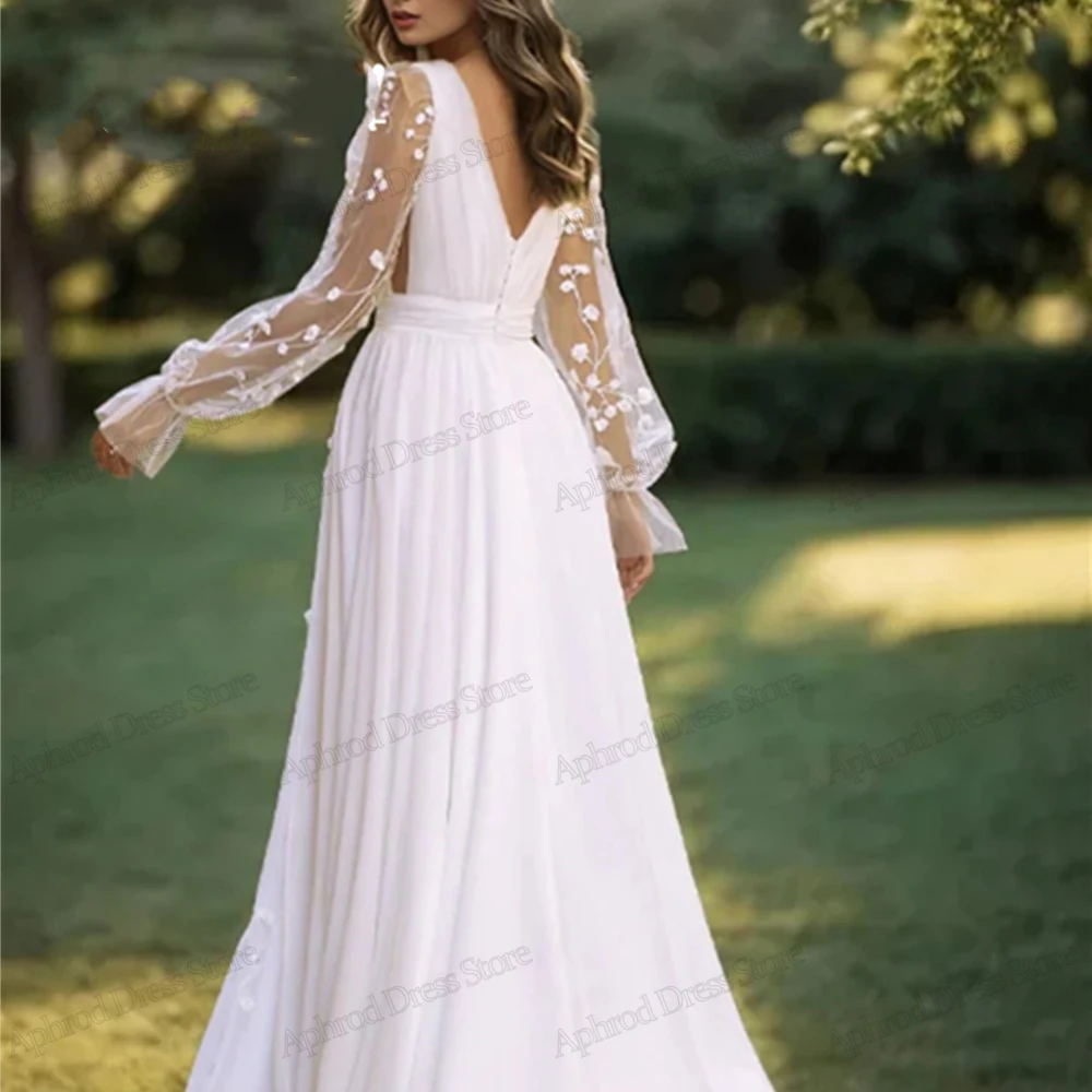 Modern Wedding Dresses A-Line Chiffon Bridal Gowns Lace Appliques Long Puff Sleeves Deep V-Neck Robes Graceful Vestidos De Novia