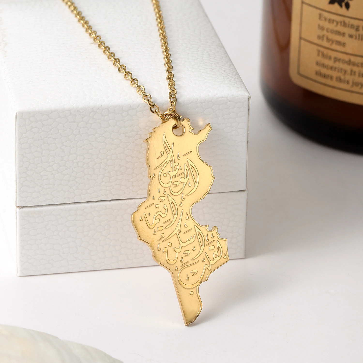 Arabic Necklace Islamic Arabic Map Calligraphy Pendant Gold Stainless Steel Chain Ramadhan Jewelry Necklace Women Gift