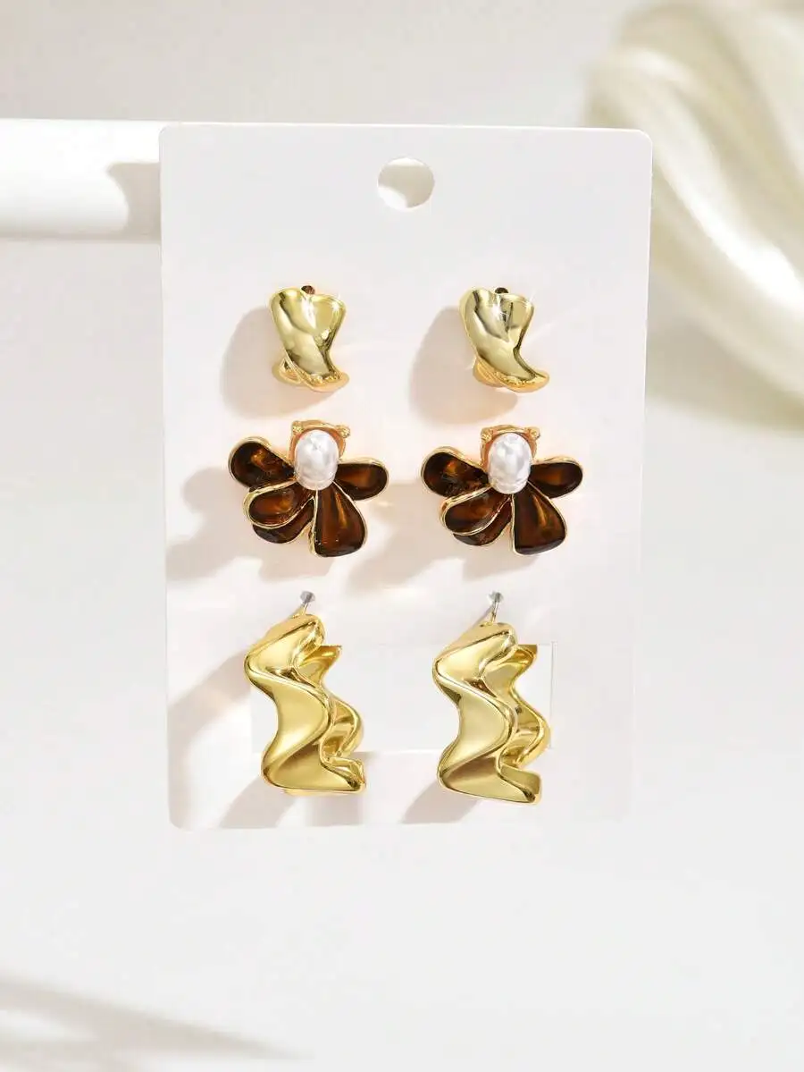 

3 Pairs Pearl Decor Flower And Abstract Stud Earrings For Women