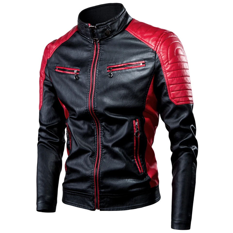 Chaqueta ajustada de cuero PU para hombre, abrigo informal empalmado, ropa de motocicleta, abrigos de motociclista, moda de otoño e invierno