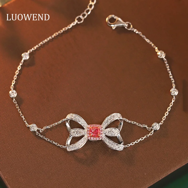 KUGG 100% 18K White Gold Bracelet Romantic Bowknot Shape Real Natural Pink Diamond Bracelet for Women High Engagement Jewelry