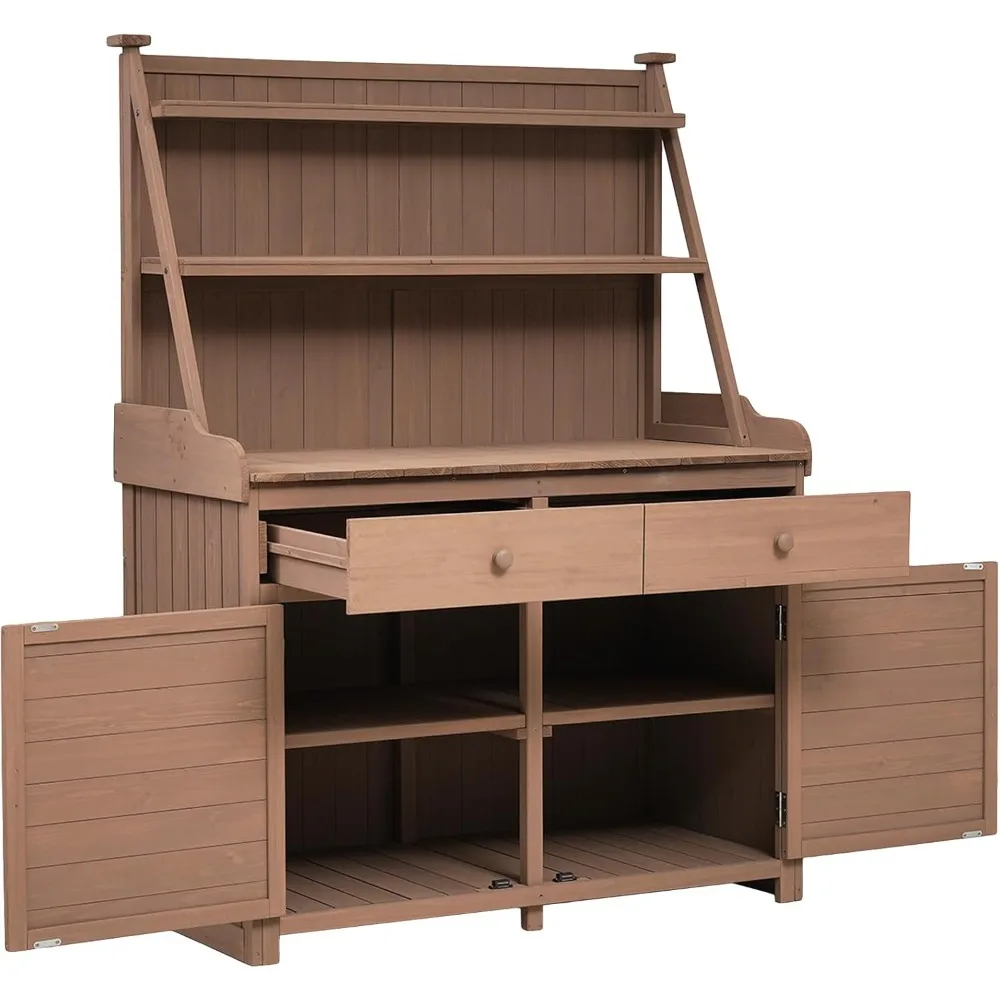 65” Garden Potting Bench Table, Fir Wood Workstation with Storage Shelf, Drawer and Cabinet, for Backyard, Mudroom,Brown