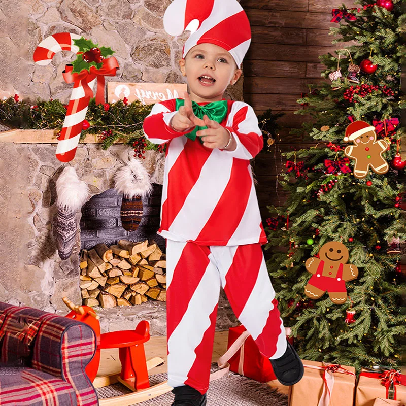 

Kids Christmas Costumes Children Candy Stripe Cane Outfits Top Pants Hat Sets For Boys School Festival Stage Performance Clothes