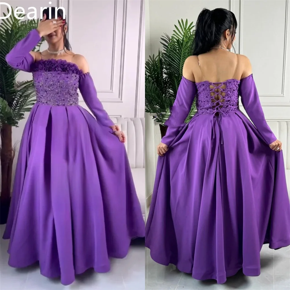 Vestido de noche personalizado Dearin con tirantes finos, faldas hasta el suelo, apliques drapeados, abalorios, vestidos para ocasiones a medida,