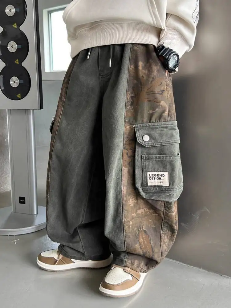 

2025 New Autumn Wide Leg Cargo Pants Children's Loose Fall Trousers, Cool Trendy Street Style