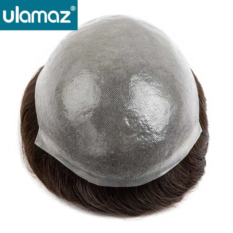 Gaya Rambut Precut Kulit Simpul Prostesis Kapiler Pria 0.10Mm Wig Rambut Palsu Poli PU Sistem Rambut Tahan Lama Pria untuk Wig Potongan Rambut Pria