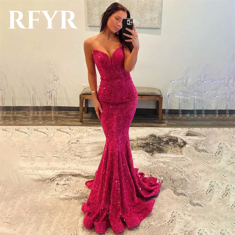 

RFYR Fuchsia Prom Dress Sweetheart Trumpet Evening Dress Luxury Sequins Sleeveless Party Dress with Pleats Satin Robe De Soirée