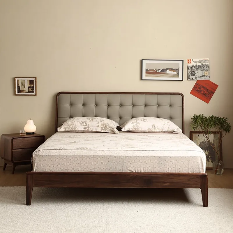 Black walnut solid wood bed, leather soft Italian simple wedding bed, master bedroom 1.8 meters double bed