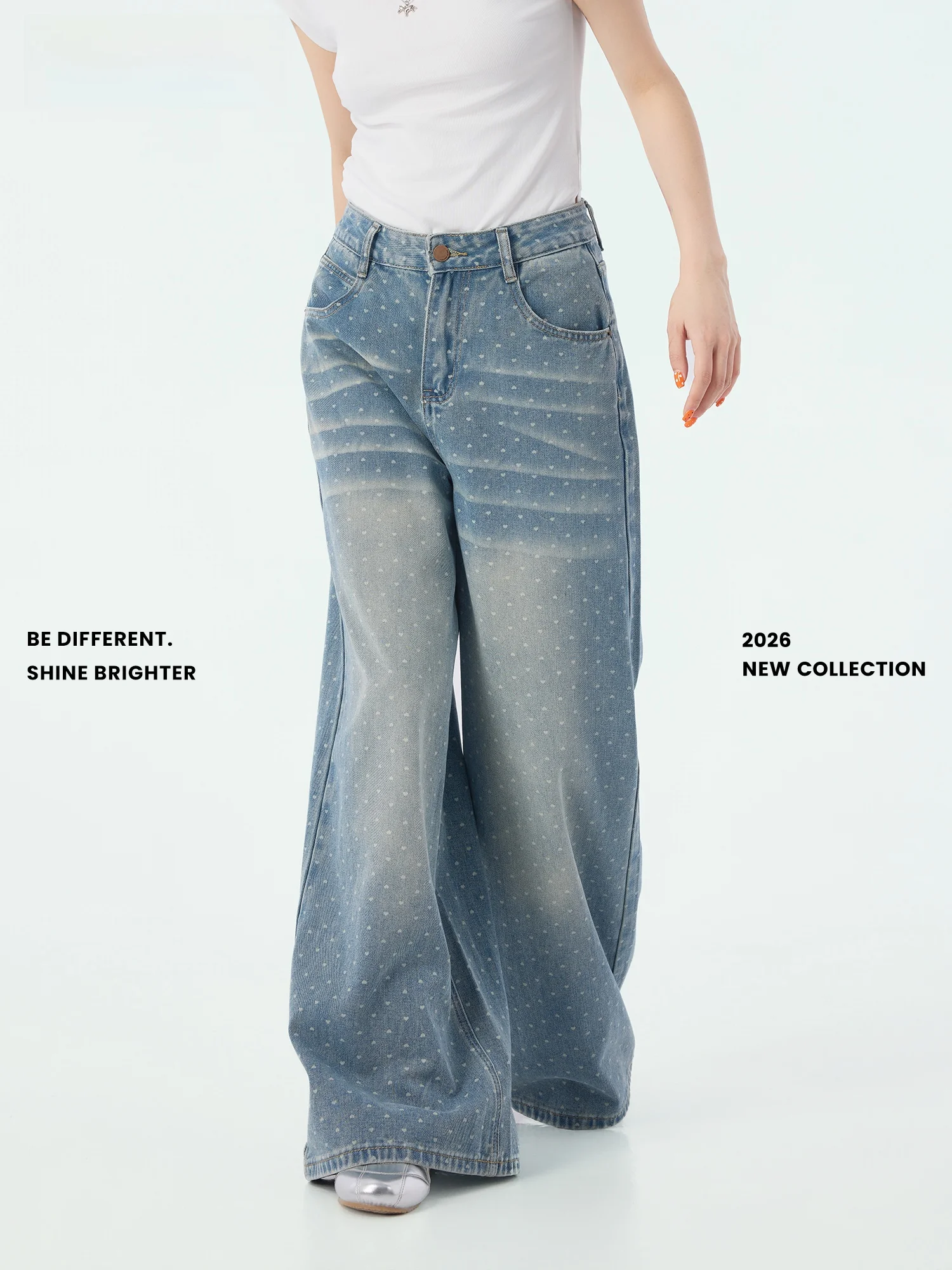 

Summer New Heart Shaped Washed out Loose Women's Jeans Wide Leg Pants Natural Waist Cotton Fabric Button Closure