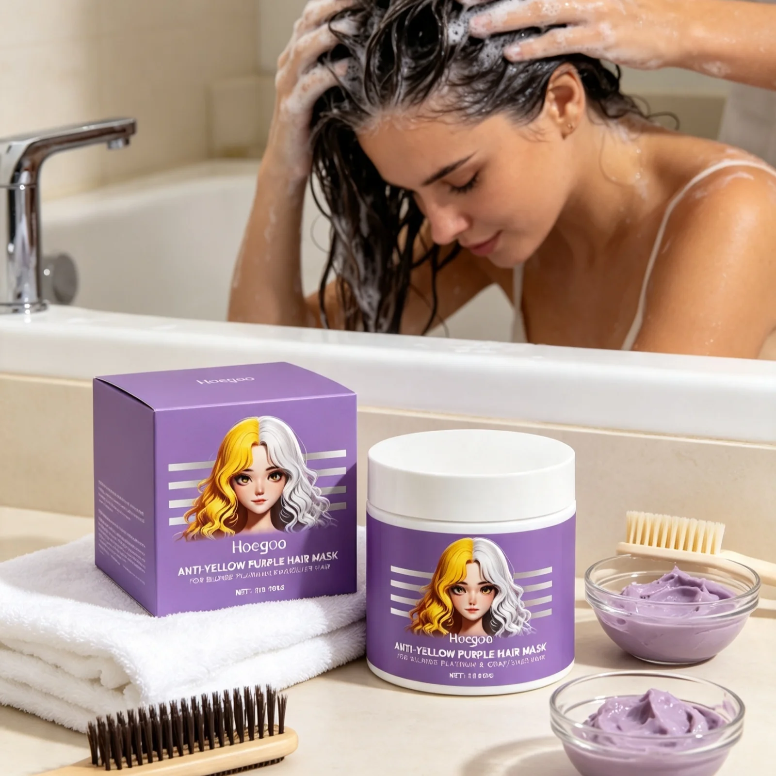 Hoegoa Purple Hair Mask Deep Nourishing Reduce Frizz Smooth Boost Luster Long Lasting Moisturizing Repair Damaged Hair Care Mask