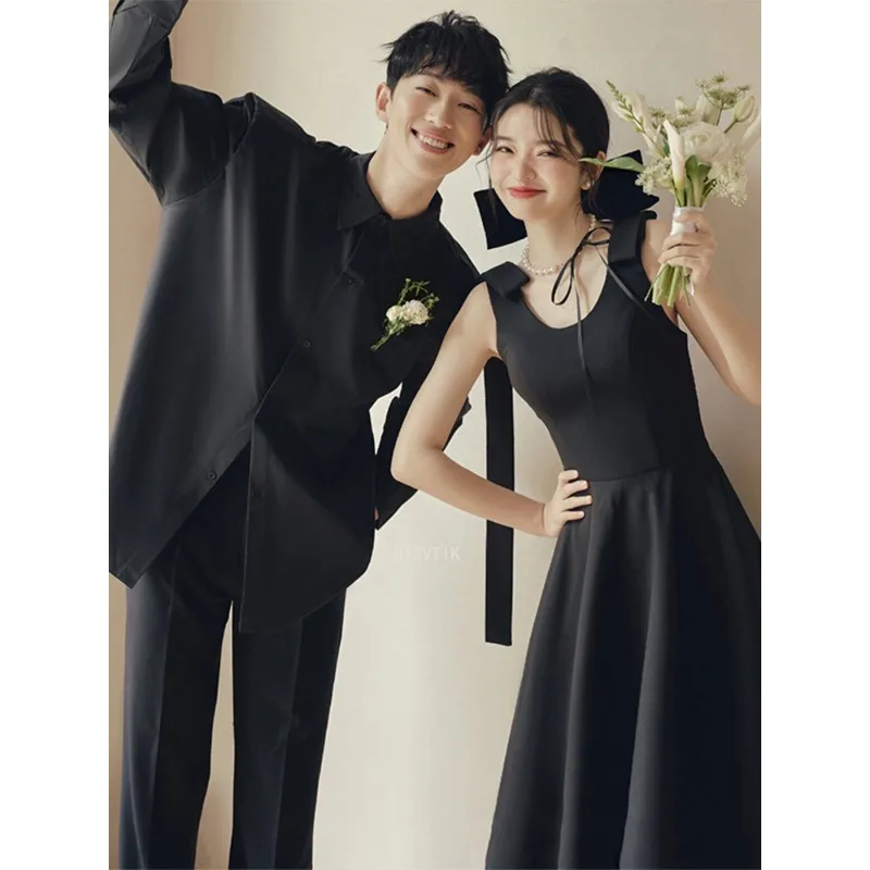 Vestidos de novia cortos simples negros Corea cuello cuadrado fotos sesión vestidos 2025 vestidos de novia de una línea personalizados vestido de fiesta Formal