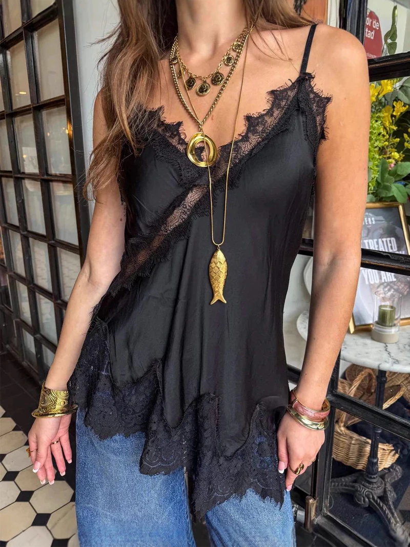 

New Irregular Lace Camisole Sleeveless Top 2026 Sexy Backless Tank Top Girls Chic Streetwear See Through Sling Satin Top 2026