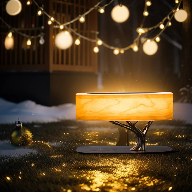 Premium draadloos opladen bluetooth luidsprekersteeklamp met creatief hout is perfect als decoratie voor kerstcadeaus