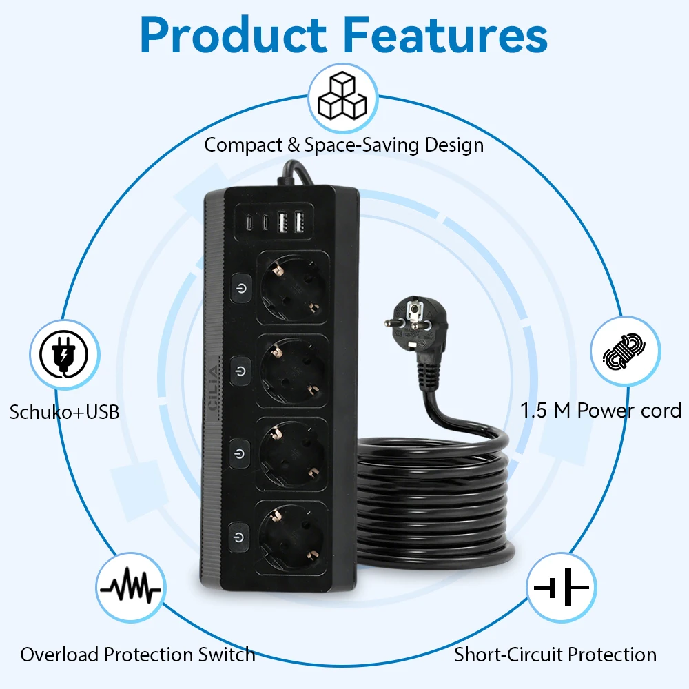 Picture 7: EU Gaming Power Strip - 4 Outlets with Switches,  USB-C/A , 1.5m Desktop Extension Cord