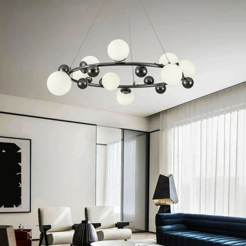 Imagem -05 - Modern Chandelier Interior para Salão Black Metal Vidro Branco Sala de Jantar Quarto Hall Lâmpada de Arame Ajustável Dropshipping g9