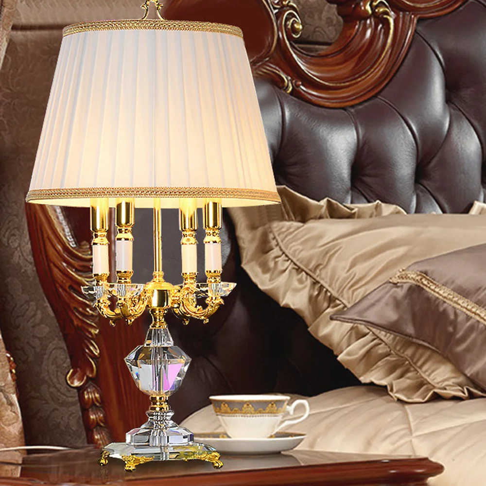 European Vintage K9 Crystal Table Lamp Luxury Gold Bedside Desk Light with Fabric Shade for Bedroom Living Room Palace Decor