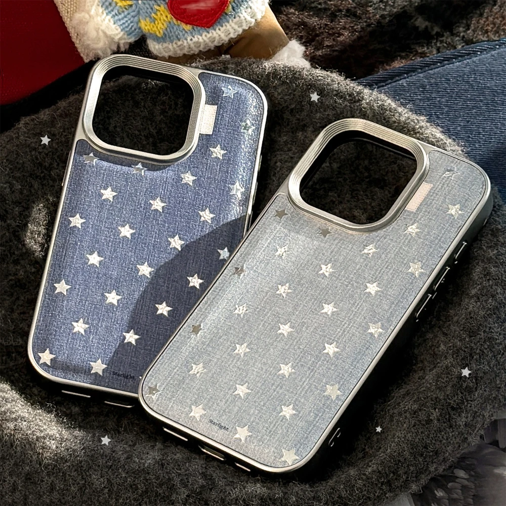 

For iPhone 17 Promax 16 Plus 15 14 13 Pro Max Korean Blue Denim Full Silver Star Case, INS Cute All-inclusive Shockproof Cover