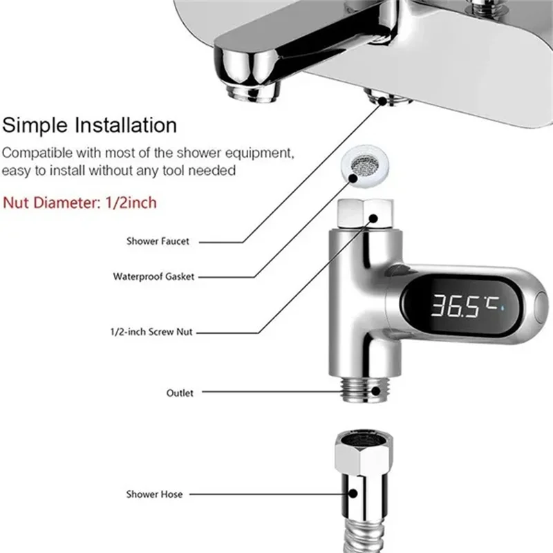 Digital LED Shower Temperature Display Self-Generating Electricity Water Thermometer for Baby Bath Water Temperature Smart Meter