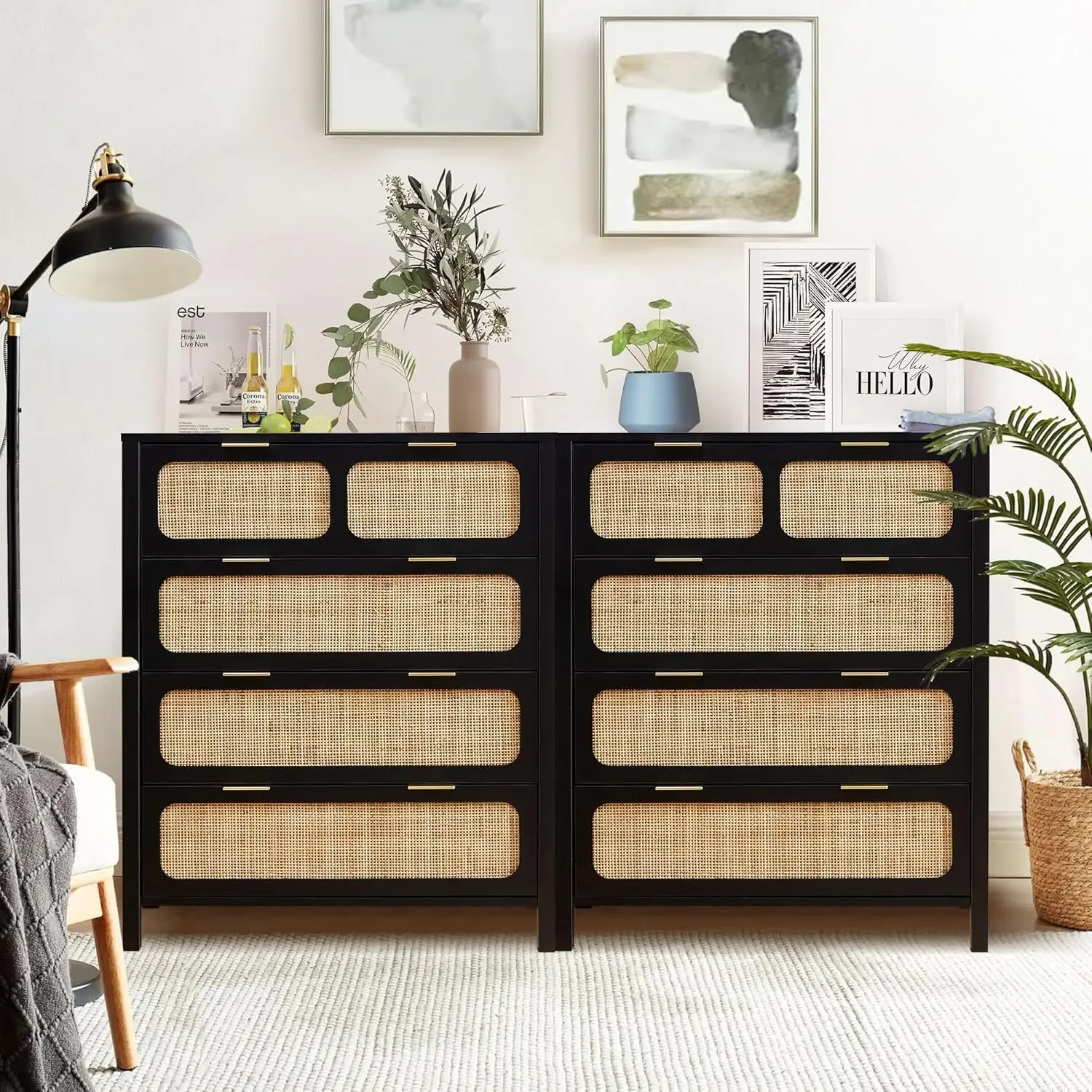 Drawer Dresser Chest 2pc Set Rattan Dresser Chests Storage Cabinet with Metal Handles Wooden Chest of Drawers Dresser