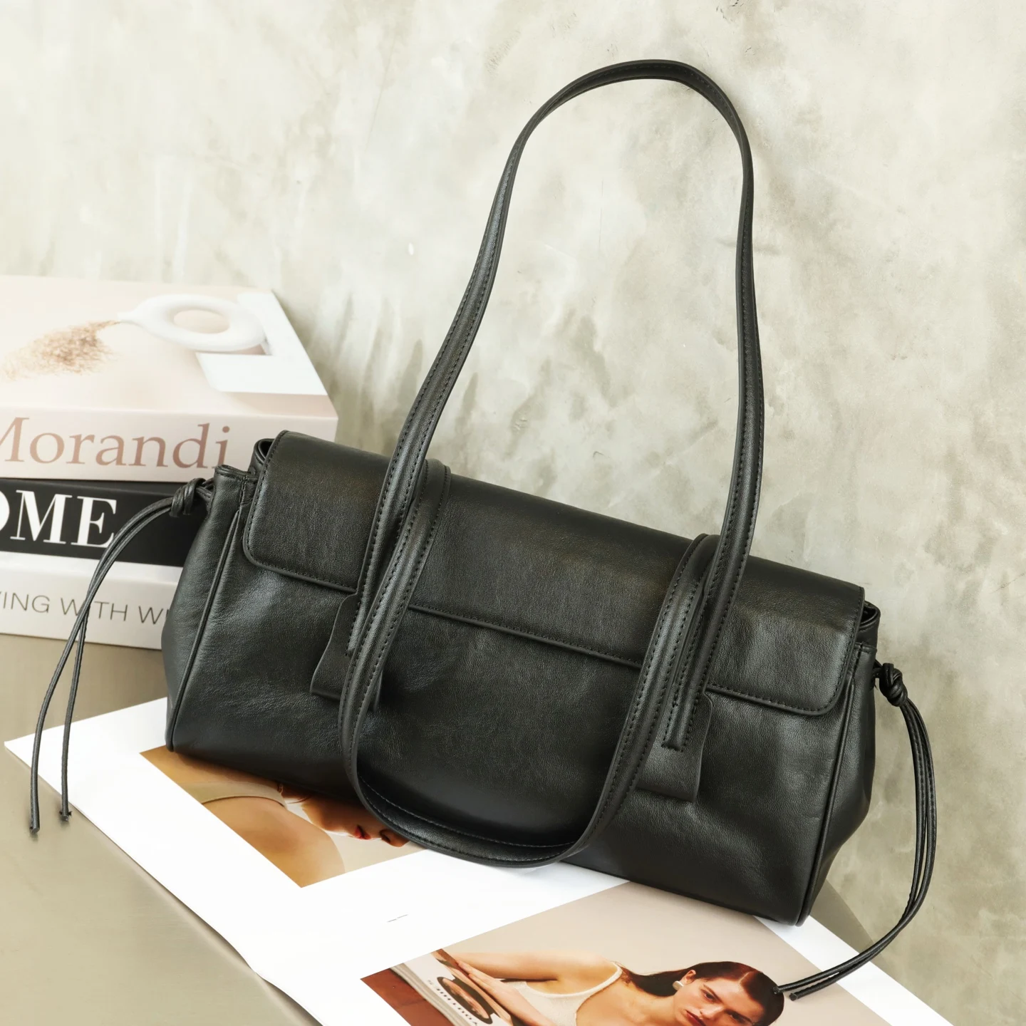 Women's Top Grain Vegetable Tanned Cowhide Long Bag Vintage Flap Underarm Shoulder Purse Drawstring Side Casual Leather Handbag