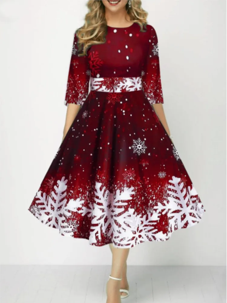 

Autumn Winter New Snowflake Digital Print Women's 3/4sleeves Christmas Dress Fashion Waist Elegant Female A Line Christmas Dress