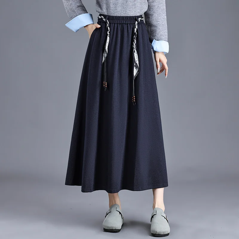 

Slimming A-Line Midi Skirt in Royal Blue with Elastic Waist for Women Autumn 2025 Faionable Versatile High Waist Polyester ...