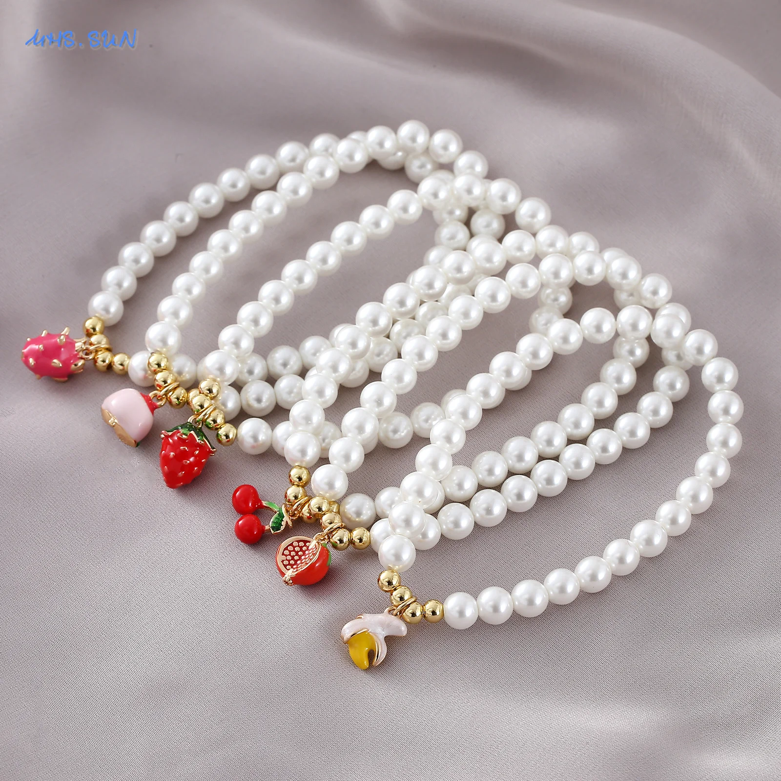 MHS.SUN Imitation Pearl Bead Fruit Pendant Bracelet Cherry/Strawberry/Mango/Durian Dragon Fruits Series Bracelets For Women Girl