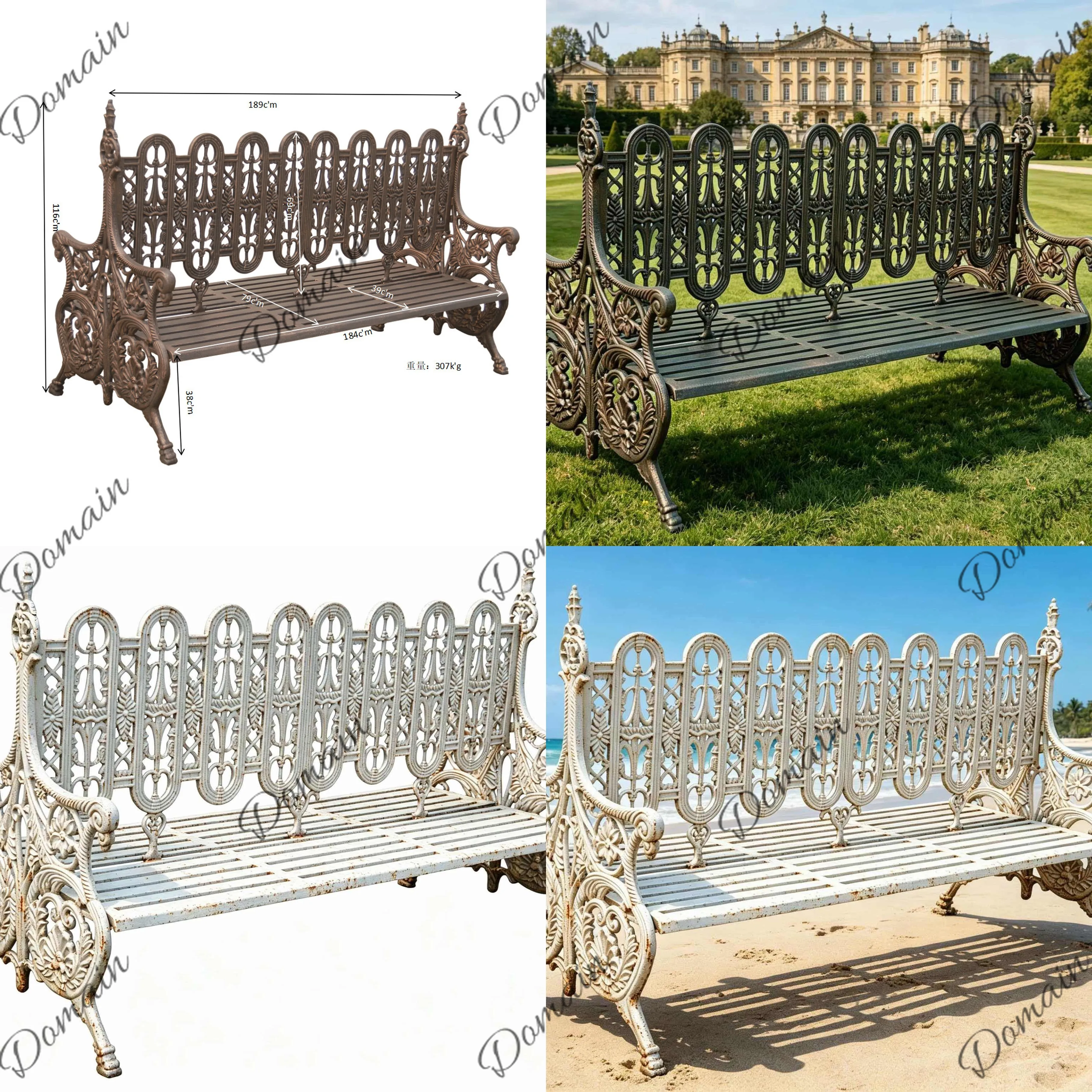 Wrought Iron Double Sided Bench 3-Seat Garden Patio Outdoor Furniture Heavy Duty Park Chair