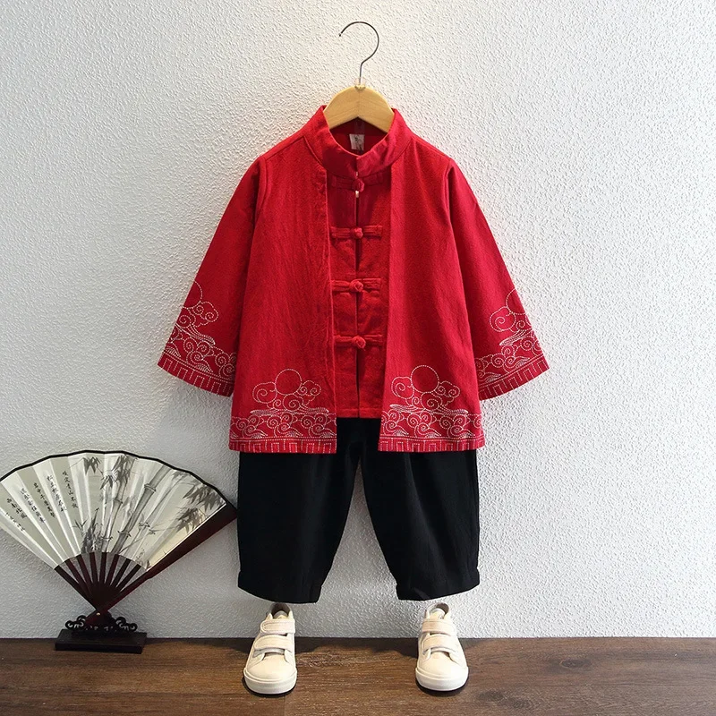 Fato Tang estilo chinês para crianças, roupa antiga de bebê, jaqueta manga comprida, conjunto de saia e calças, fantasia hanfu para meninos e meninas, primavera