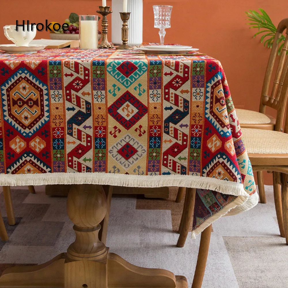 

Jacquard Tablecloth Retro Bohemian Fabric Tablemat Red Artistic Coffee Dining Tablecover Picnic Mat Kitchen Dresser Stall Cloth