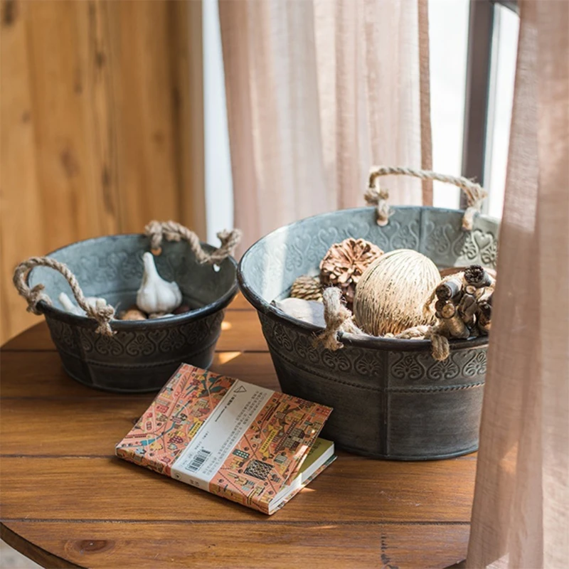 Vintage Metal Round Bucket Planter with Double Handles Rustic Iron Flower Pot Metal Tray for Storage and Farmhouse Decor