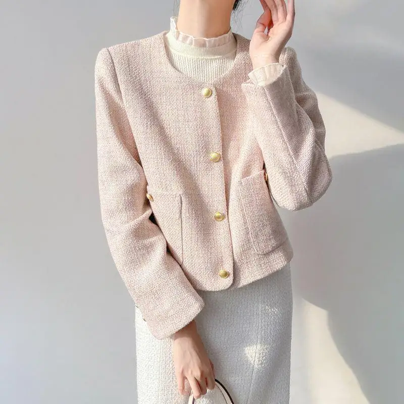 

French Style Gentle Pink Short Coat Women's New Temperament Round Neck Long Sleeve Outerwear 2025 Autumn Loose Fashion Jackets