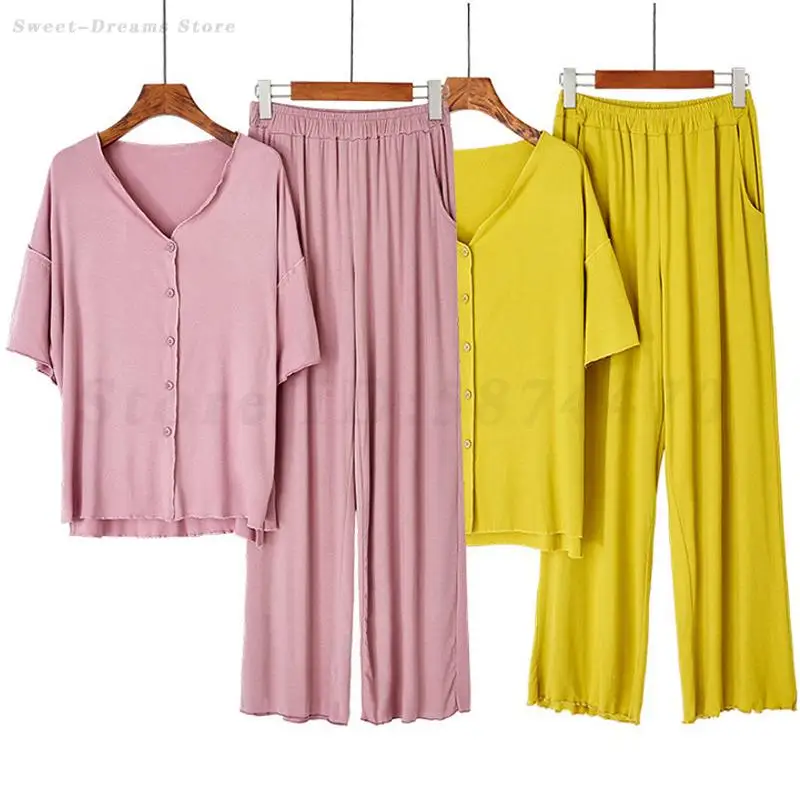 

2025 Autumn New 2PCS Pajamas Set Lady Sexy V-Neck Short Sleeved Top&Pants Loose Casual Home Clothes Soft Modal Pyjamas Suit