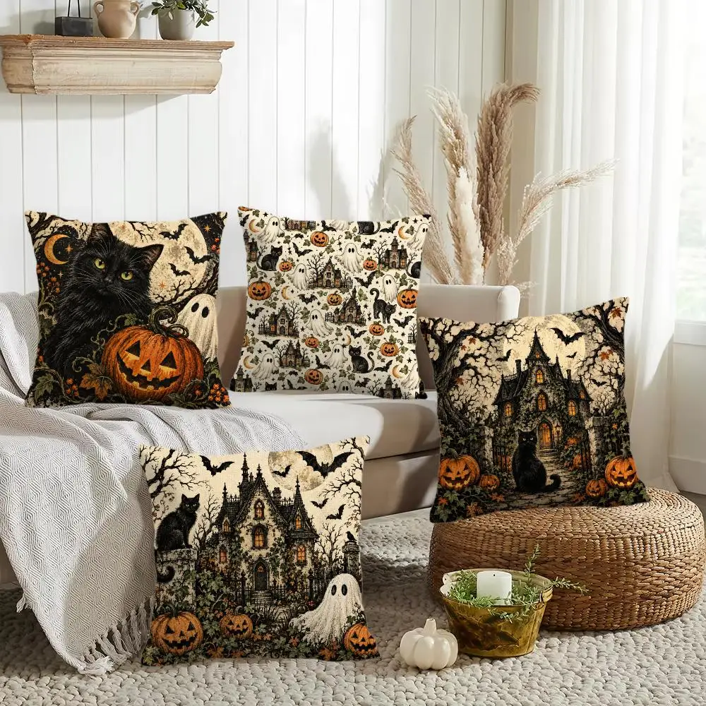 Halloween Haunted Cushion Cover Silky Short Plush Invisible Zipper Dustproof Sofa Pillow Case for Home Decor