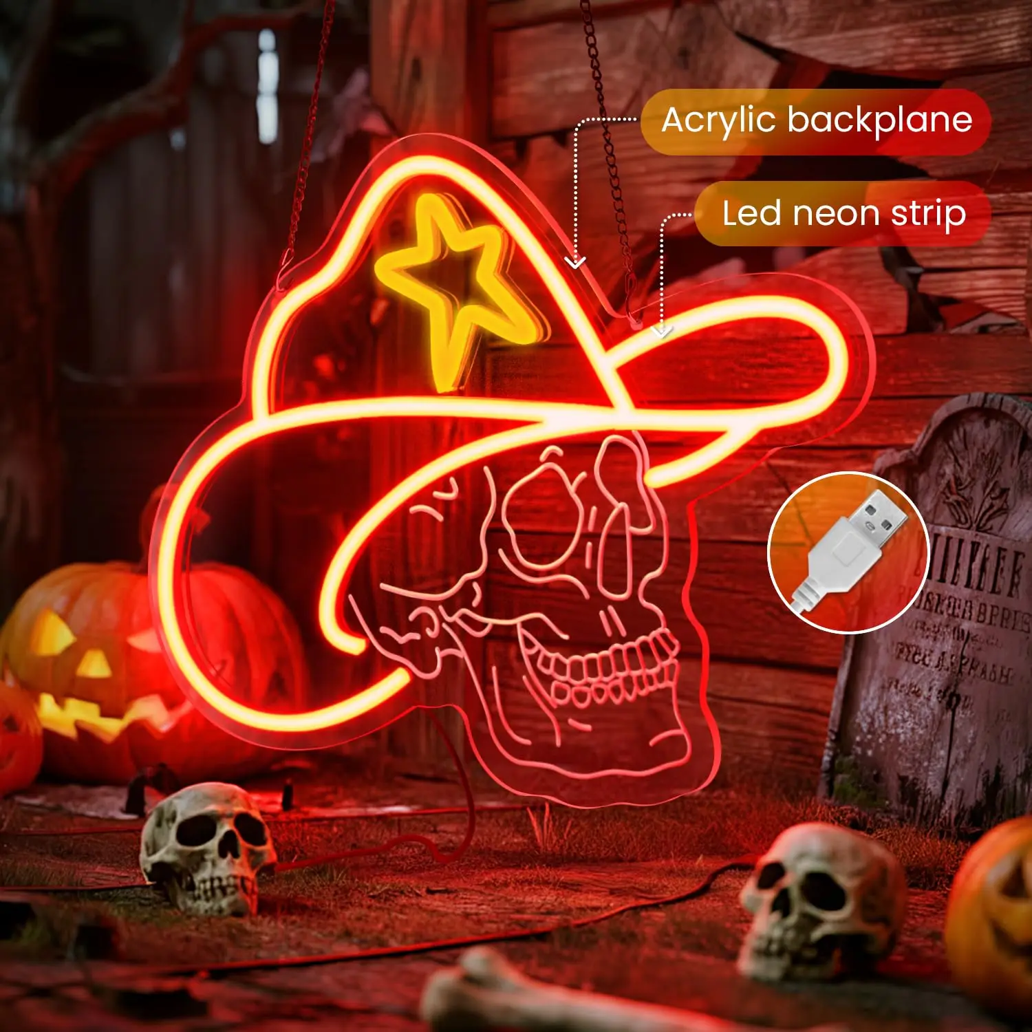 ハロウィン-スカルデザイン-ネオンサイン-カウボーイハット彫刻-usb電源-調光可能サイン-壁飾り-不気味なパーティー-バー-お化け屋敷用